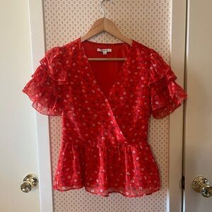 Madewell Red Floral Ruffle Sleeve Blouse